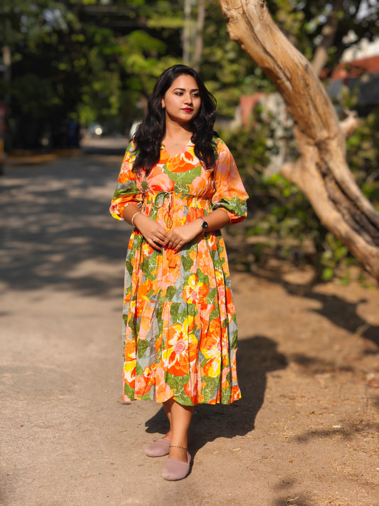 Multicolor Cotton Floral Fit & Flare Dress for Women – Sizes M to 3XL