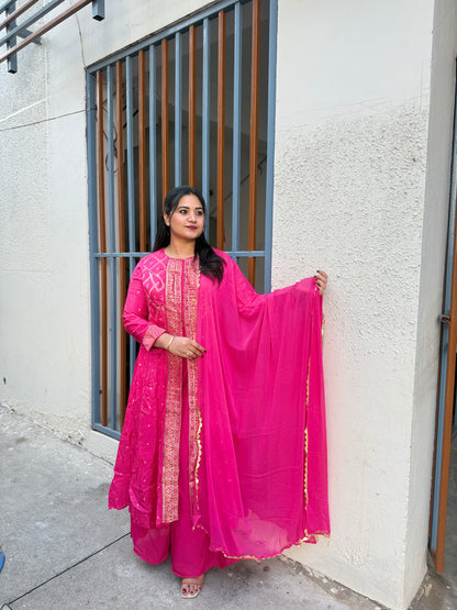 Viscose jacquard silk anarkali suit set with hand embellishment and georgette dupatta – free size stitched