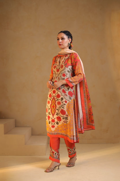 Premium digital crepe printed suit set for women with lining, kurta pant dupatta, thread work detailing