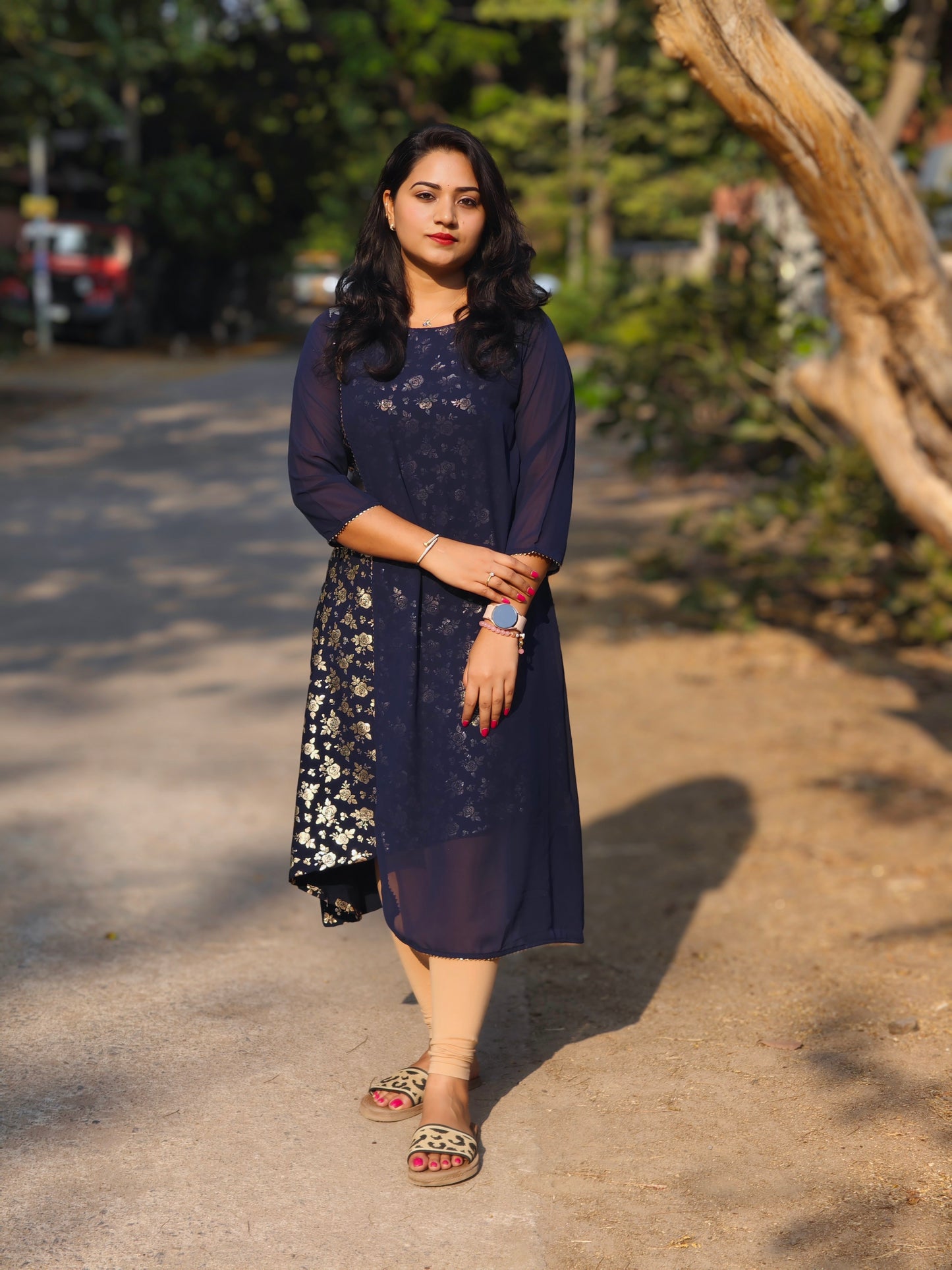 Navy Blue American Crepe Foil Printed A-Line Kurta for Women – M to 2XL