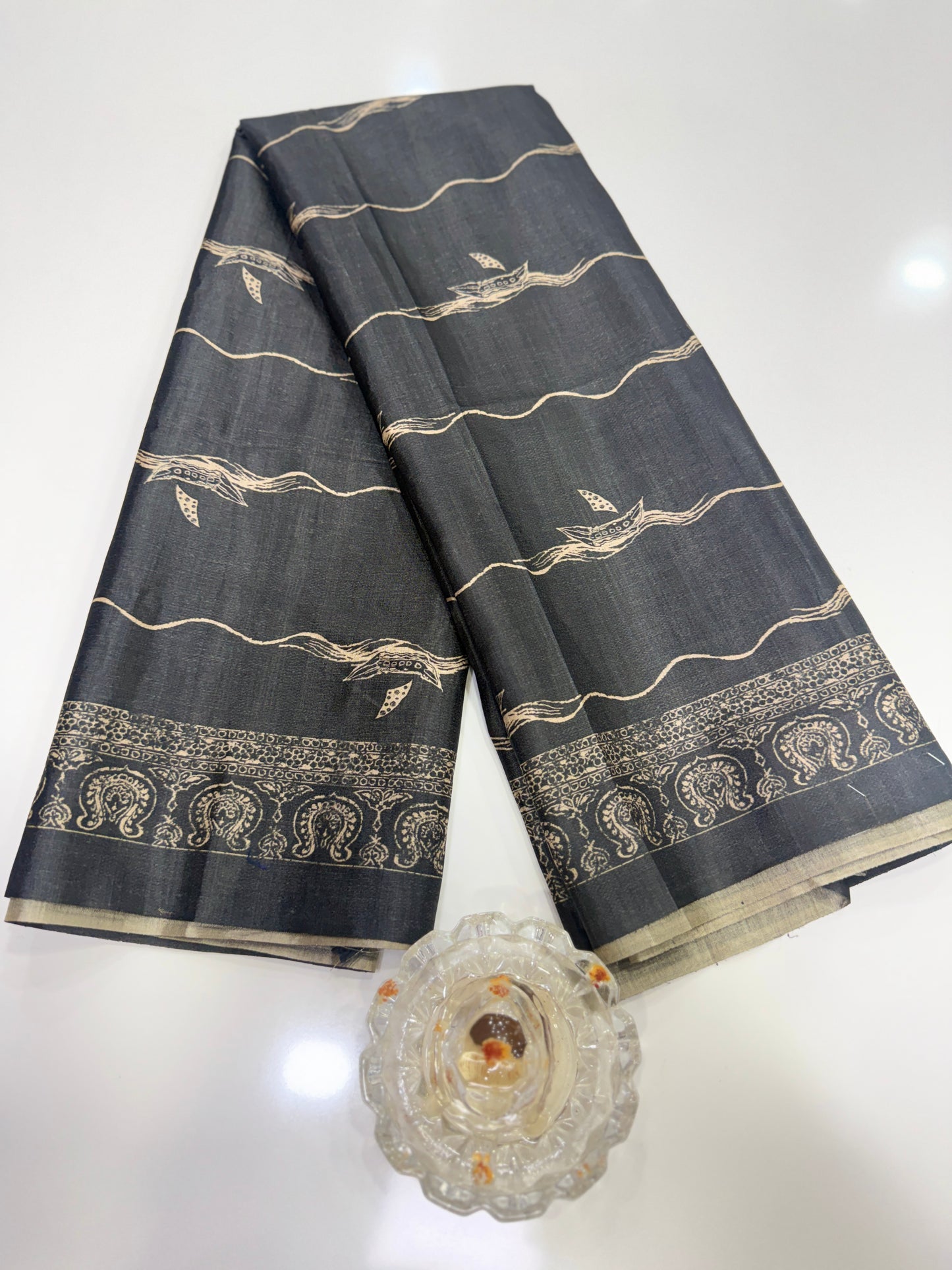Semi Tussar Silk Saree with Ethnic Print Border and Tassel Pallu, Sea & Ships Print