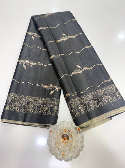 Semi Tussar Silk Saree with Ethnic Print Border and Tassel Pallu, Sea & Ships Print