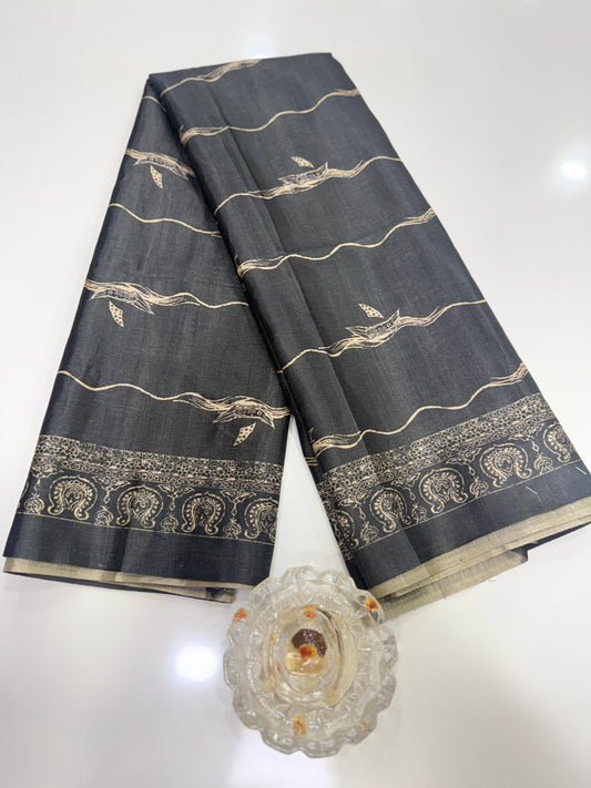 Semi Tussar Silk Saree with Ethnic Print Border and Tassel Pallu, Sea & Ships Print