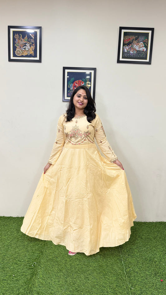 Muslin Silk Embroidered Gown for Women with Handwork and Malai Crepe Inner – 56+ Inch Length