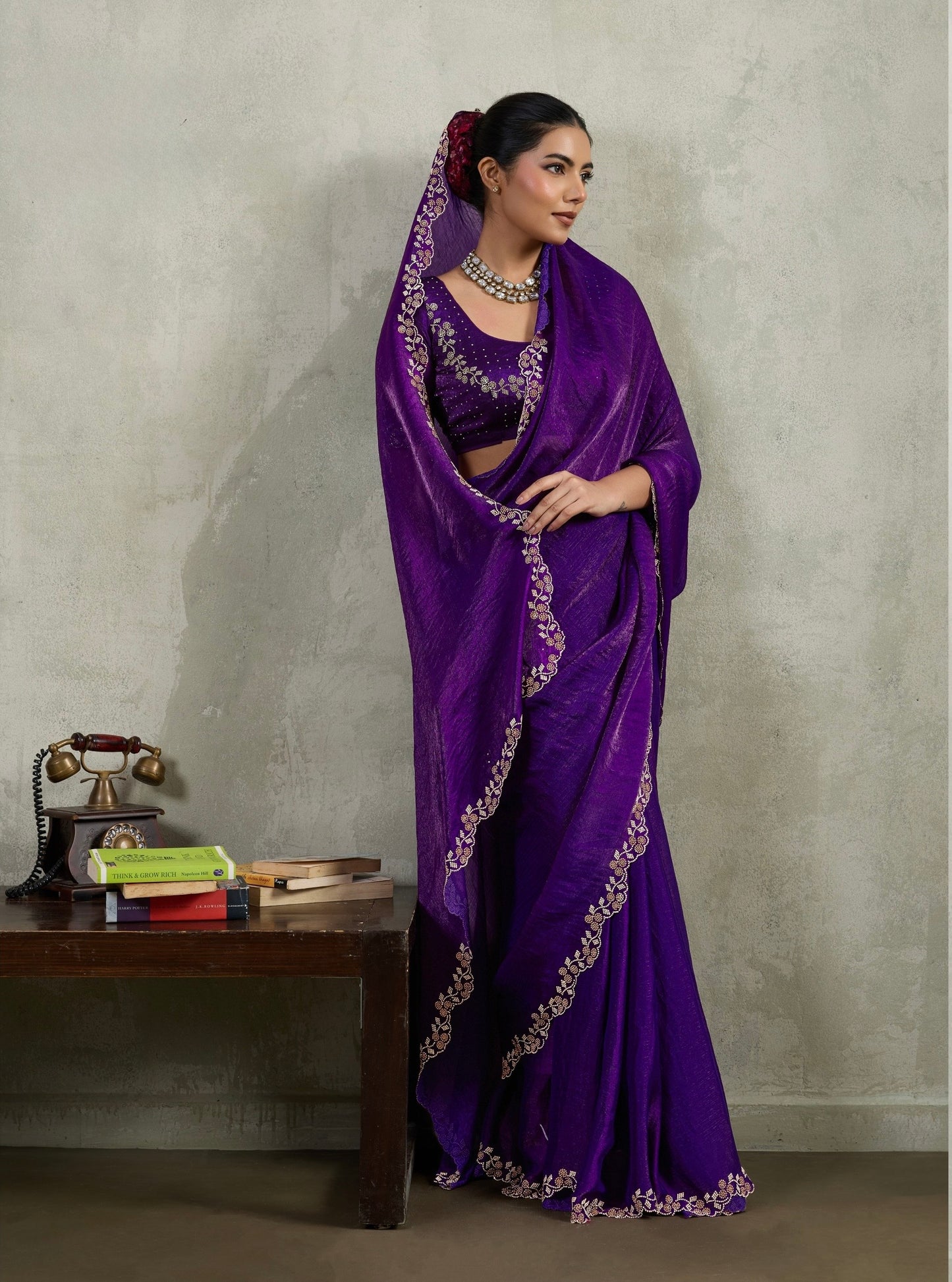 Velvet Chiffon Saree with Dual Tone Zarkan Work and Designer Blouse – Partywear Saree for Women