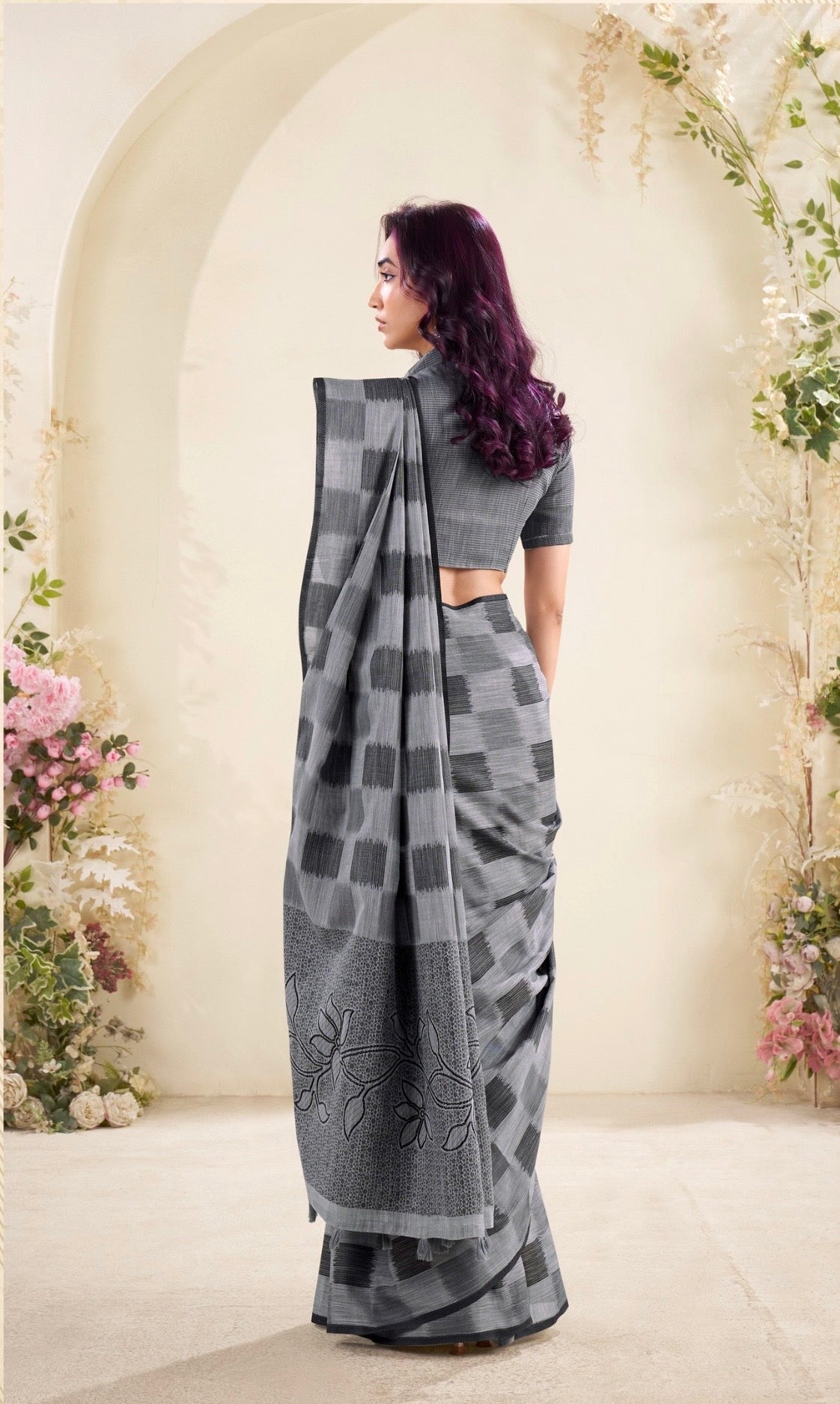 linen silk saree with checked pattern and floral border – lightweight ethnic wear for women