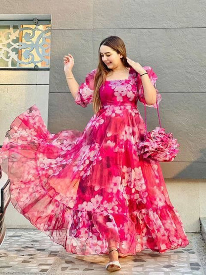 Hot Pink Tabby Organza Maxi Dress for Women with Flare and Square Neck – M to XXL
