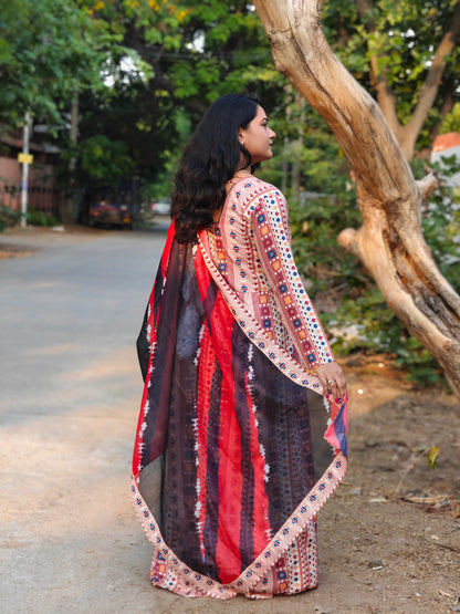 Poly Rayon Printed Gown with Gota Lace, Doori & Tassel – Chanderi Multicolour Dupatta – Sizes L to XXL