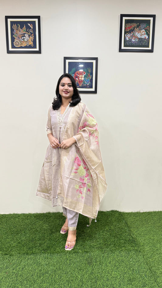 Pure Tissue Kurta Pant Dupatta Set with Intricate Handwork – Sizes L to XXL