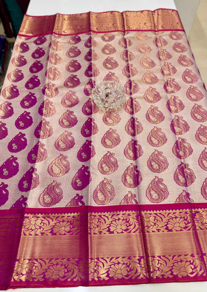Bridal tissue saree for women with woven zari work and contrast border, kanchipuram style powerloom saree with blouse fabric