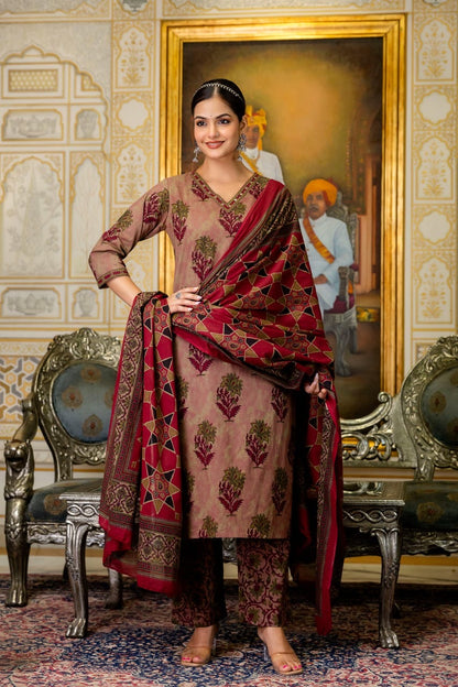 Cotton Printed Kurta Pant Dupatta Set for Women – Traditional Floral Design – Sizes 38–46