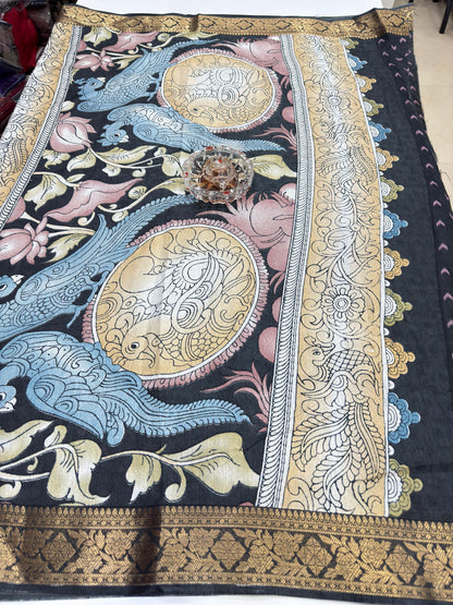 Silk blend printed saree with floral and bird motifs, zari border, women’s festive wear saree