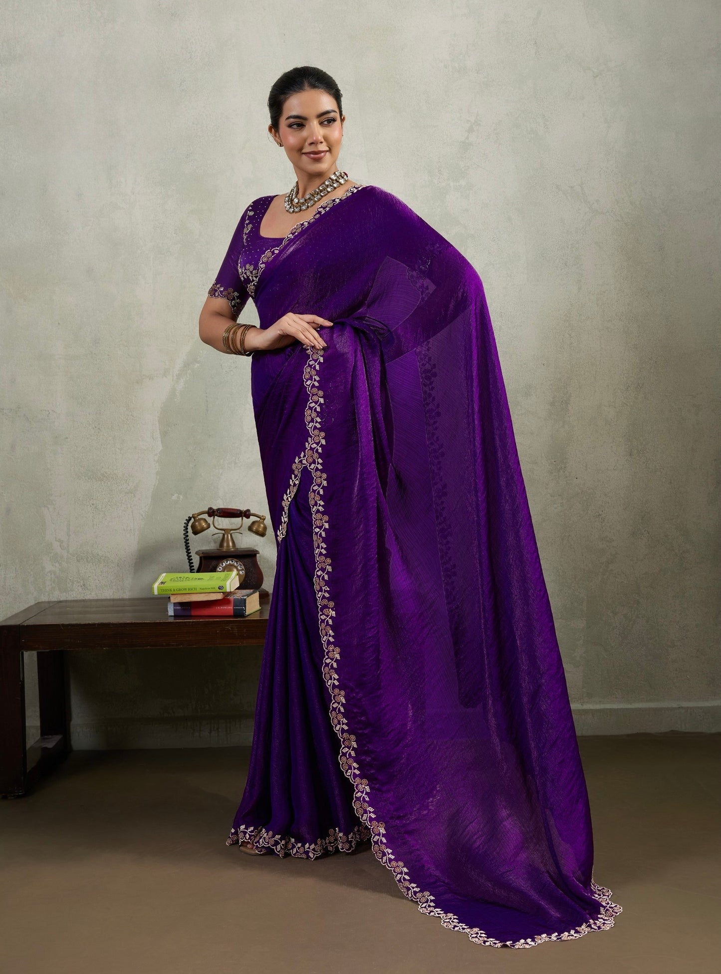 Velvet Chiffon Saree with Dual Tone Zarkan Work and Designer Blouse – Partywear Saree for Women