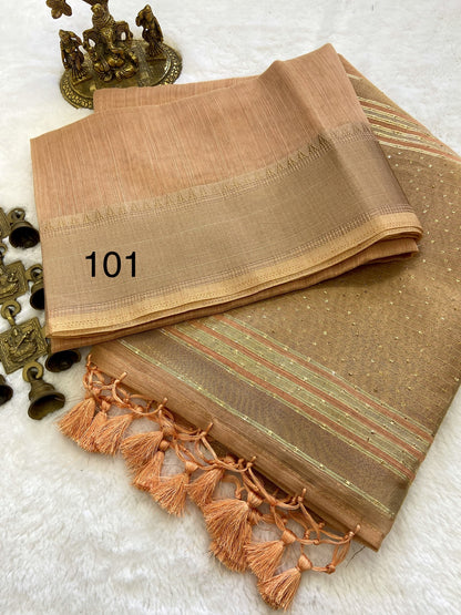 Soft Banarasi Tissue Silk Saree with Sequin Pallu, Gold Border and Running Blouse