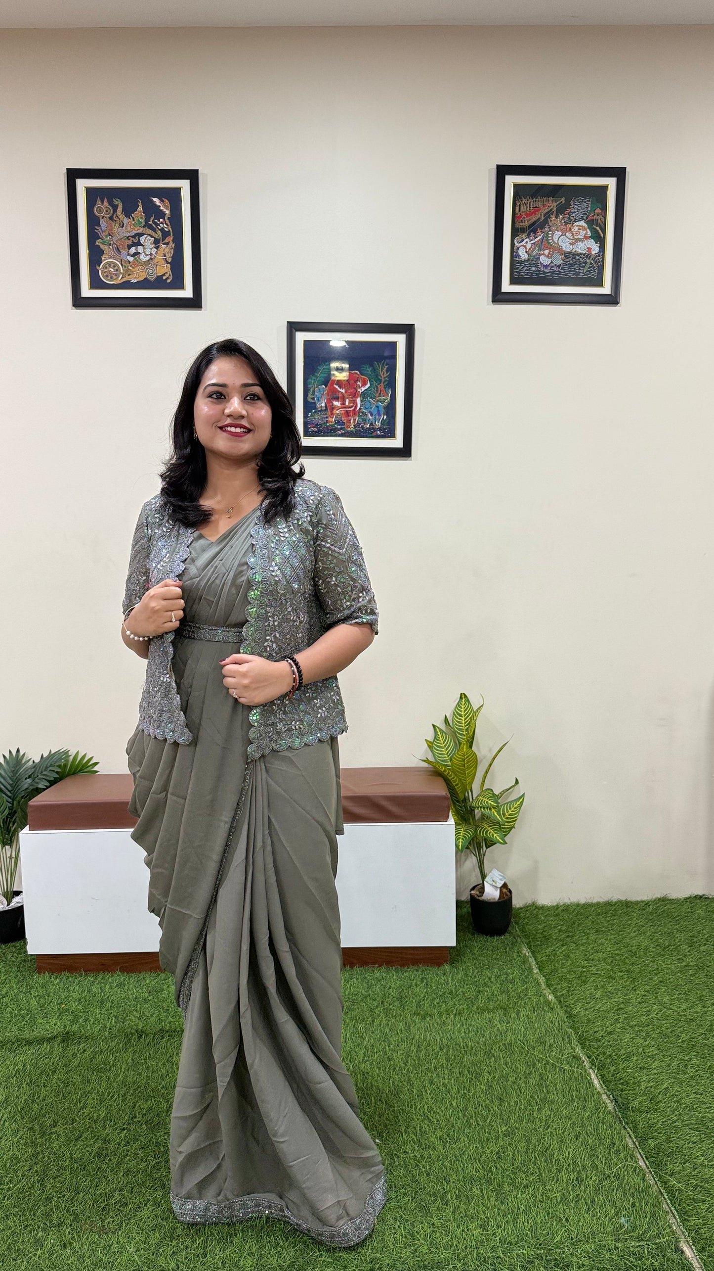 Georgette Ready-to-Wear Saree with Sequence Embroidery, Embroidered Koti & Work Belt – Free Size up to XXL