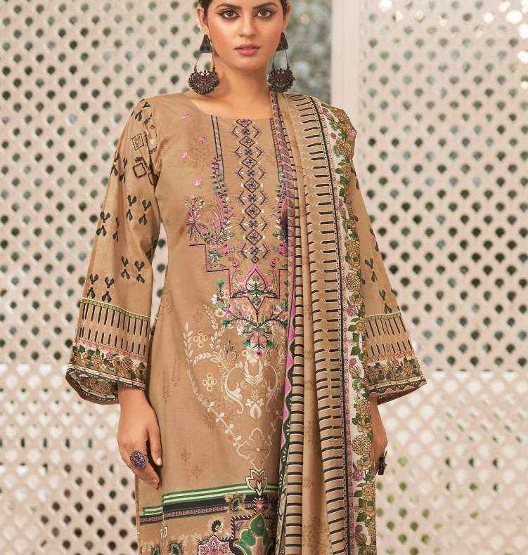Unstitched Cotton Suit Material with Self Embroidery, Printed Cotton Bottom and Digital Print Dupatta