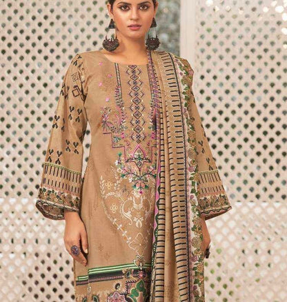 Unstitched Cotton Suit Material with Self Embroidery, Printed Cotton Bottom and Digital Print Dupatta