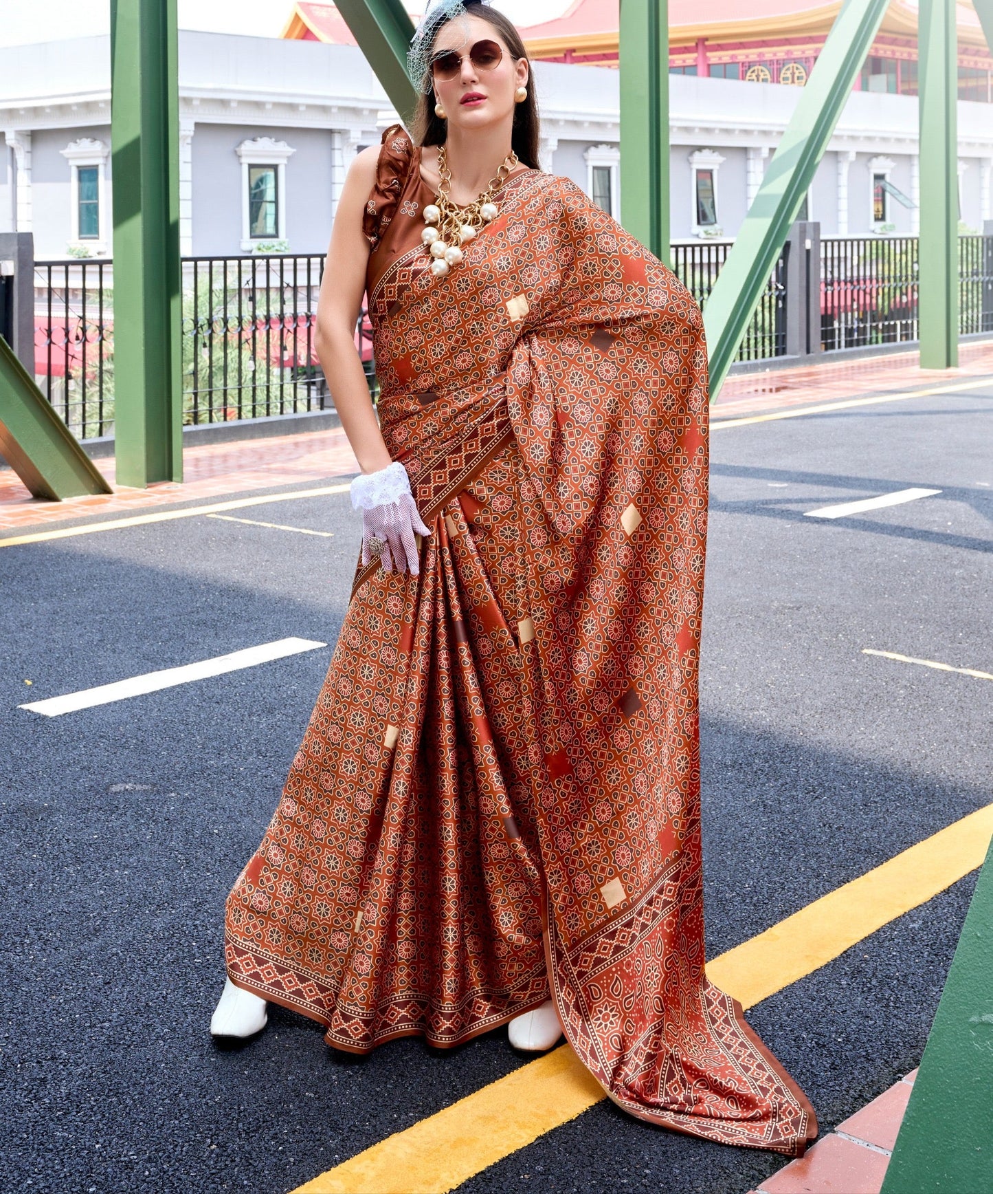 Pure Satin Silk Saree with Ajrakh Print – Festival and Traditional Wear Saree for Women