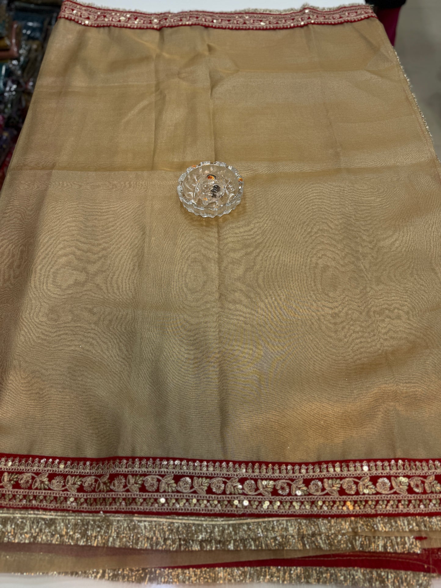 Women’s Banarasi premium tissue silk saree with lace border and woven booti blouse piece, gold and red