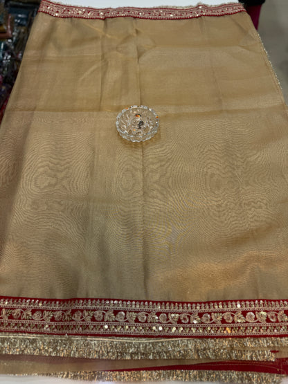 Women’s Banarasi premium tissue silk saree with lace border and woven booti blouse piece, gold and red