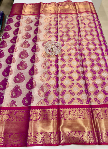 Bridal tissue saree for women with woven zari work and contrast border, kanchipuram style powerloom saree with blouse fabric