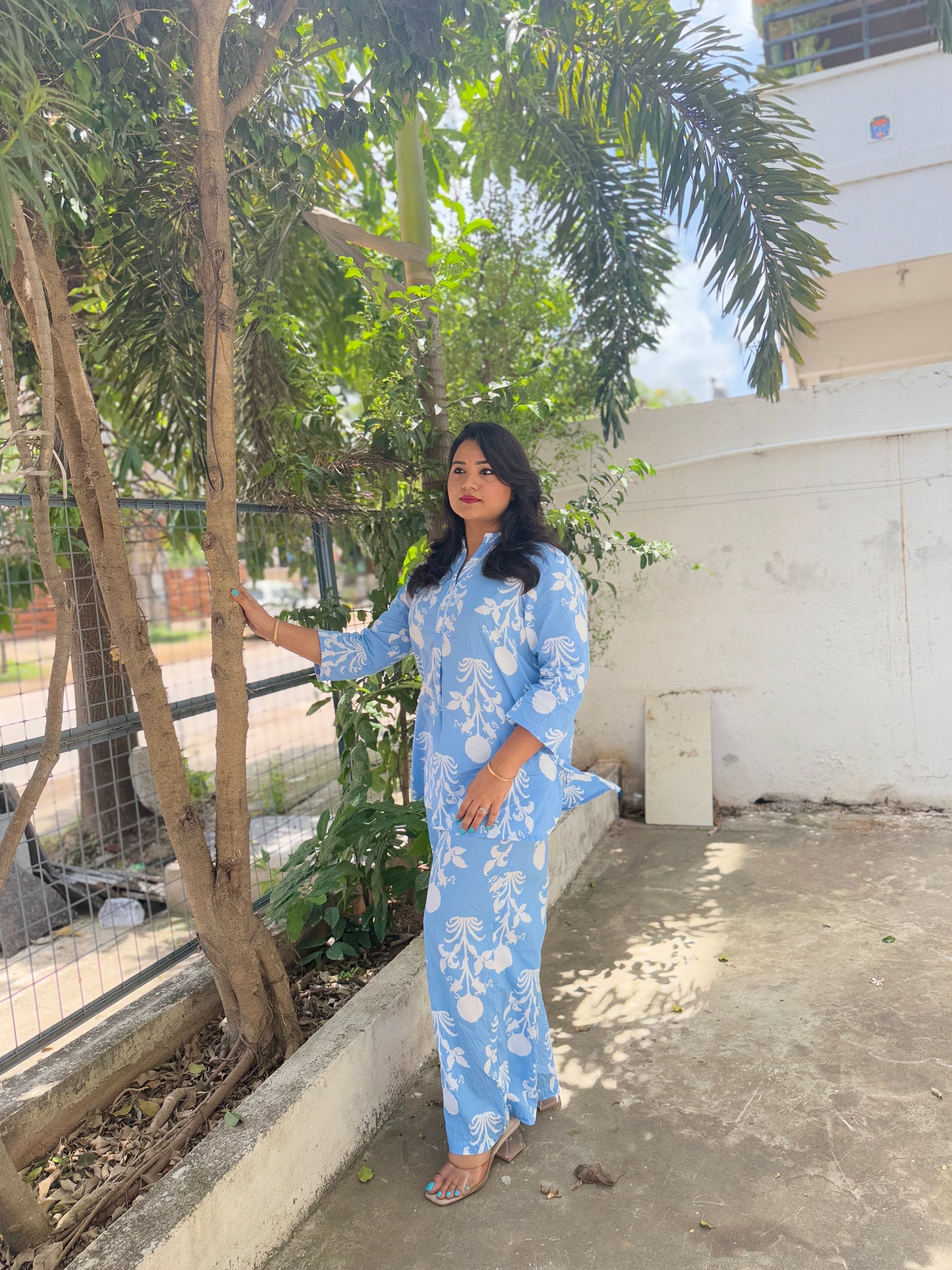 Sky Blue Cotton Co-ord Set for Women with Bold White Floral Print and Straight Pants