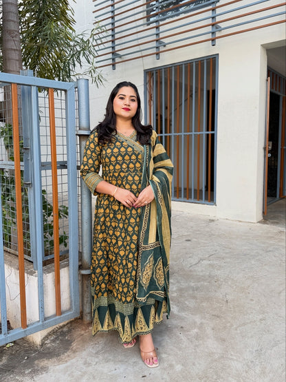 Bottle Green Cotton Anarkali Suit Set with Block Print and Dupatta – Women’s Festive Wear