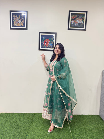 Tissue Organza Anarkali Gown with Digital Floral Print Zari Sequence Embroidery and Dupatta for Women