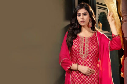 Russian Silk Jacquard Kurta Pant Dupatta Set with Chinon Dupatta – Plus Sizes XL to 3XL