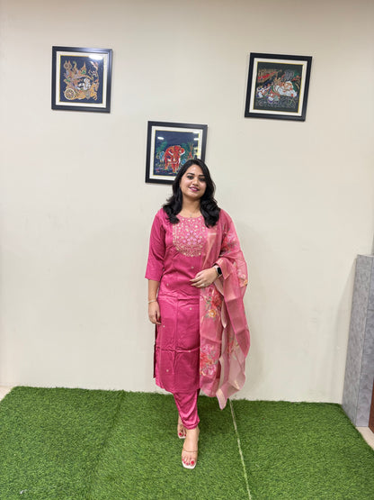 Gajji Silk Straight Suit Set with Embroidery and Organza Zari Dupatta for Women