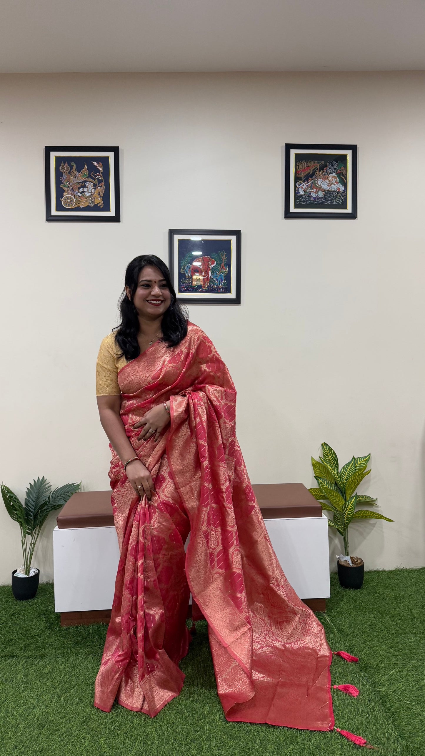 Heavy Red Organza Woven Saree with Golden Zari Border and Tassel Pallu