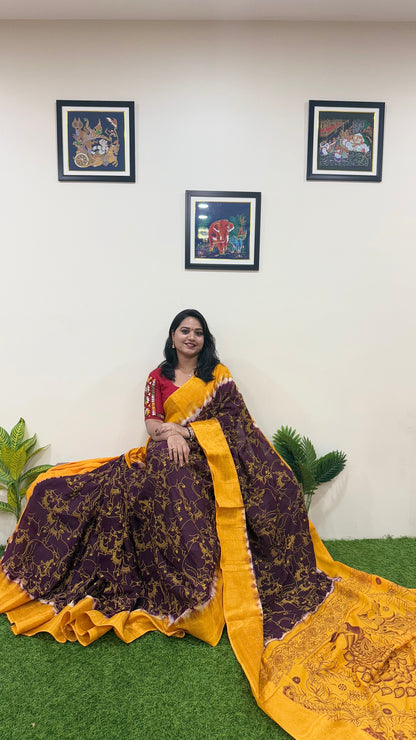 Chennuri Pure Silk Saree with Outline Kalamkari Design and Traditional Kanchi Borders