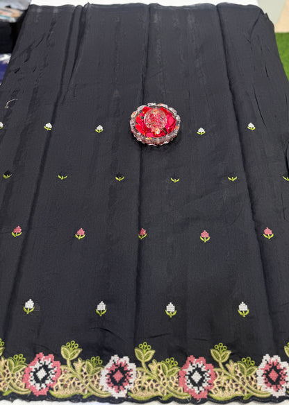 Matka Silk Saree with Embroidered Buttis, Cutwork Big Pallu, and All-Over Cutwork Panel