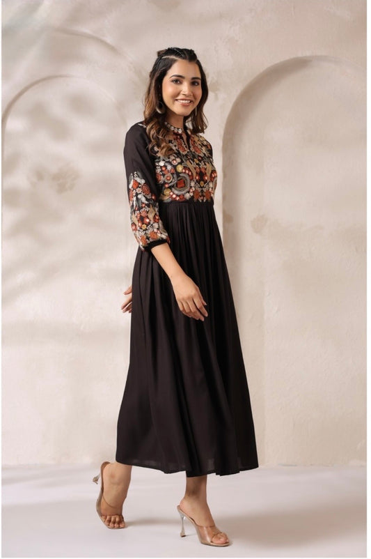 Embroidered Black Cotton Blend Long Kurta Dress with Yoke and Sleeve Work for Women