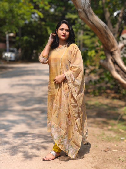 Heavy Organza Kurti with Intricate Neck Work, Silk Pant & Matching Dupatta – Sizes L & 2XL