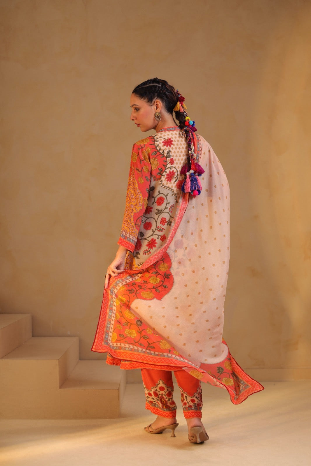 Premium digital crepe printed suit set for women with lining, kurta pant dupatta, thread work detailing