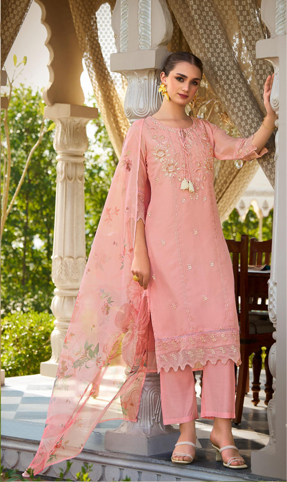 Women’s Organza Embroidered Suit Set with Viscose Silk Pant and Digital Print Dupatta – L to 3XL