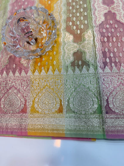 Banarasi handloom kora organza rankaat saree with allover zari stripe weaving and blouse piece