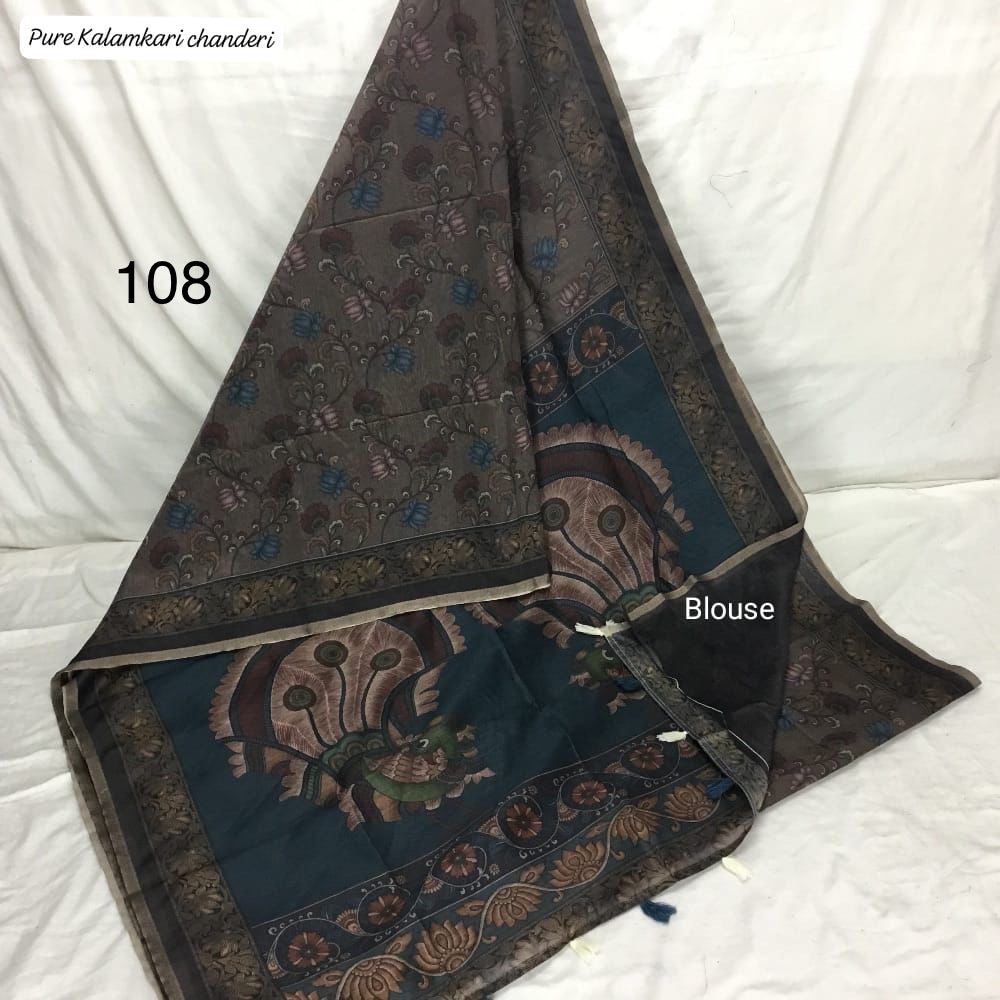 Mul Chanderi Cotton Saree with Kalamkari Print, Golden Zari Piping, and Batik Blouse – Ethnic Wear for Women