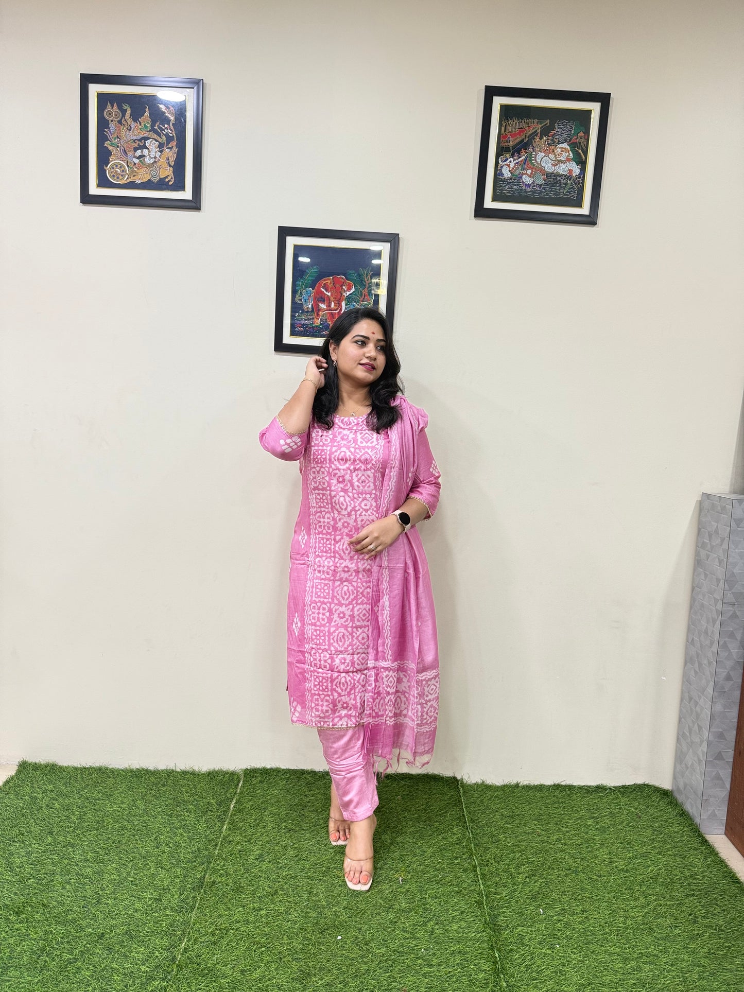 Chanderi Batik Print Kurti Pant Dupatta Set for Women – Traditional 3-Piece Ethnic Set – Sizes 38 & 44