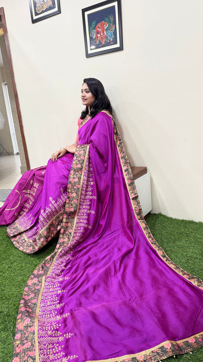 Designer Silk Saree with Embroidery Lace Work, Patchwork and Art Silk Blouse