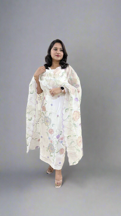 Unstitched Bamber Silk Suit with Resham Embroidery, 3D Patch Appliqué and Organza Dupatta