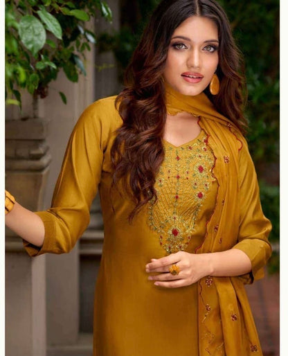 Milan Silk Handworked Kurta Pant Dupatta Set with Embroidered Organza Dupatta – Sizes M to XXL