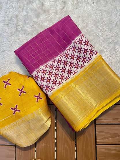 Digital Kalamkari Printed Dola Silk Saree with Gold Zari Jacquard Pattu Border – With Blouse Piece