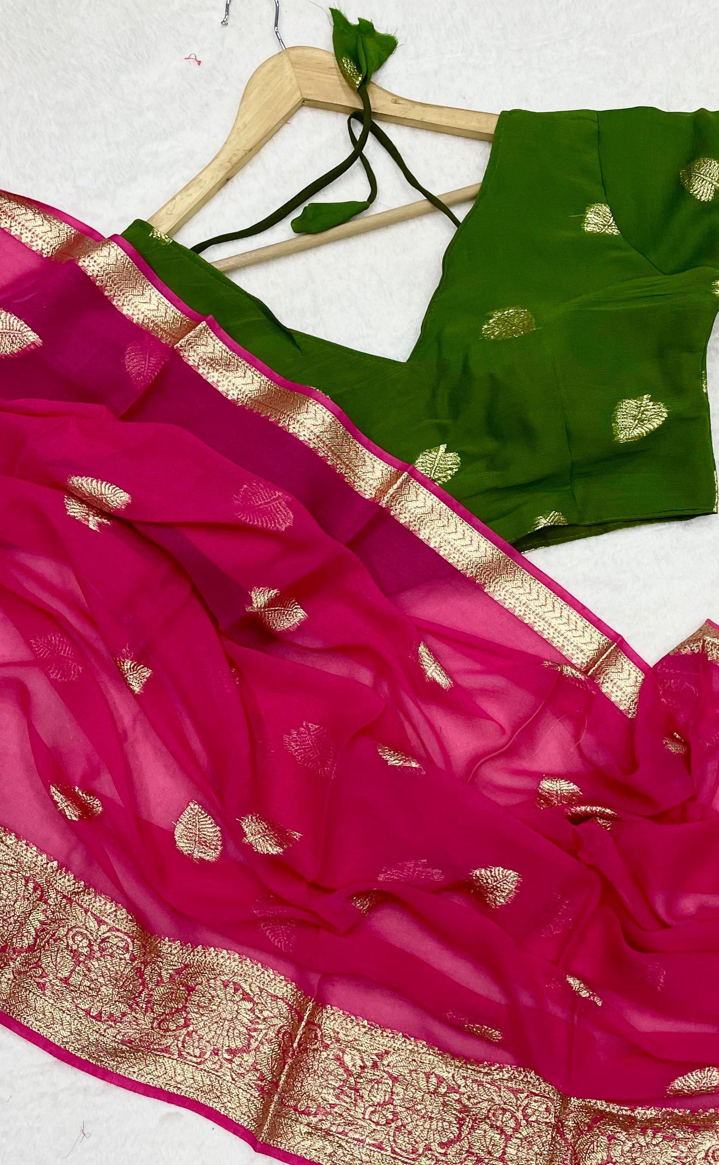 Women’s Pure Viscose Georgette Saree with Leaf Zari Design and Contrast Running Blouse