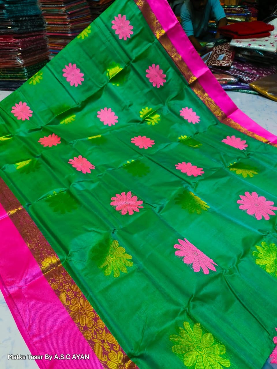 Matka Tussar Silk Saree with Golden Zari Weaving and Velvet Border