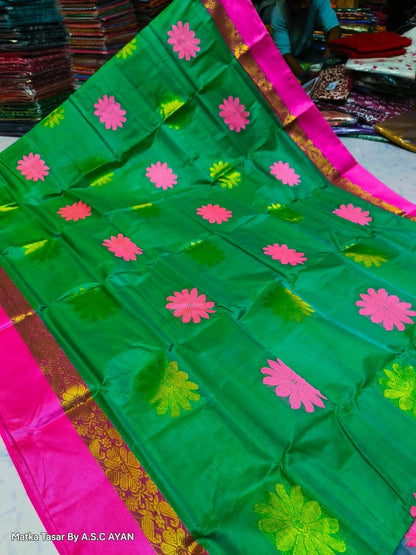 Matka Tussar Silk Saree with Golden Zari Weaving and Velvet Border