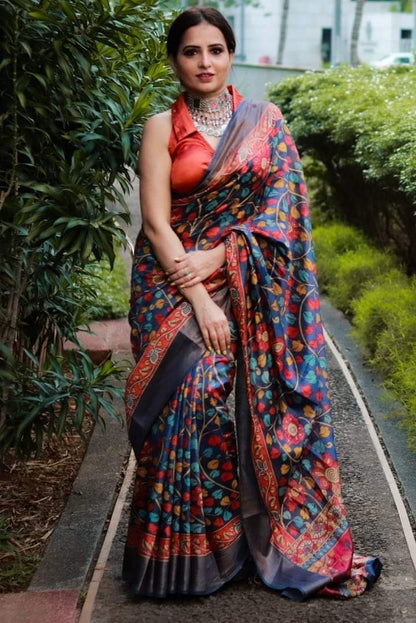 Pure Tussar Munga Silk Saree with Hand-Painted Kalamkari – Silkmark Certified