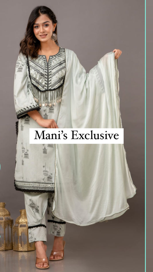 Premium Cotton Kurti Pant Dupatta Set with Mirror Embroidery, Lace & Latkans – Sizes 38 to 44