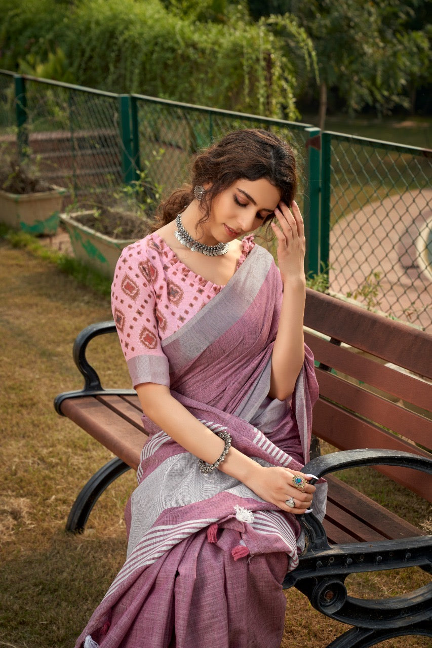 linen silk saree with striped design and border – lightweight ethnic wear for women
